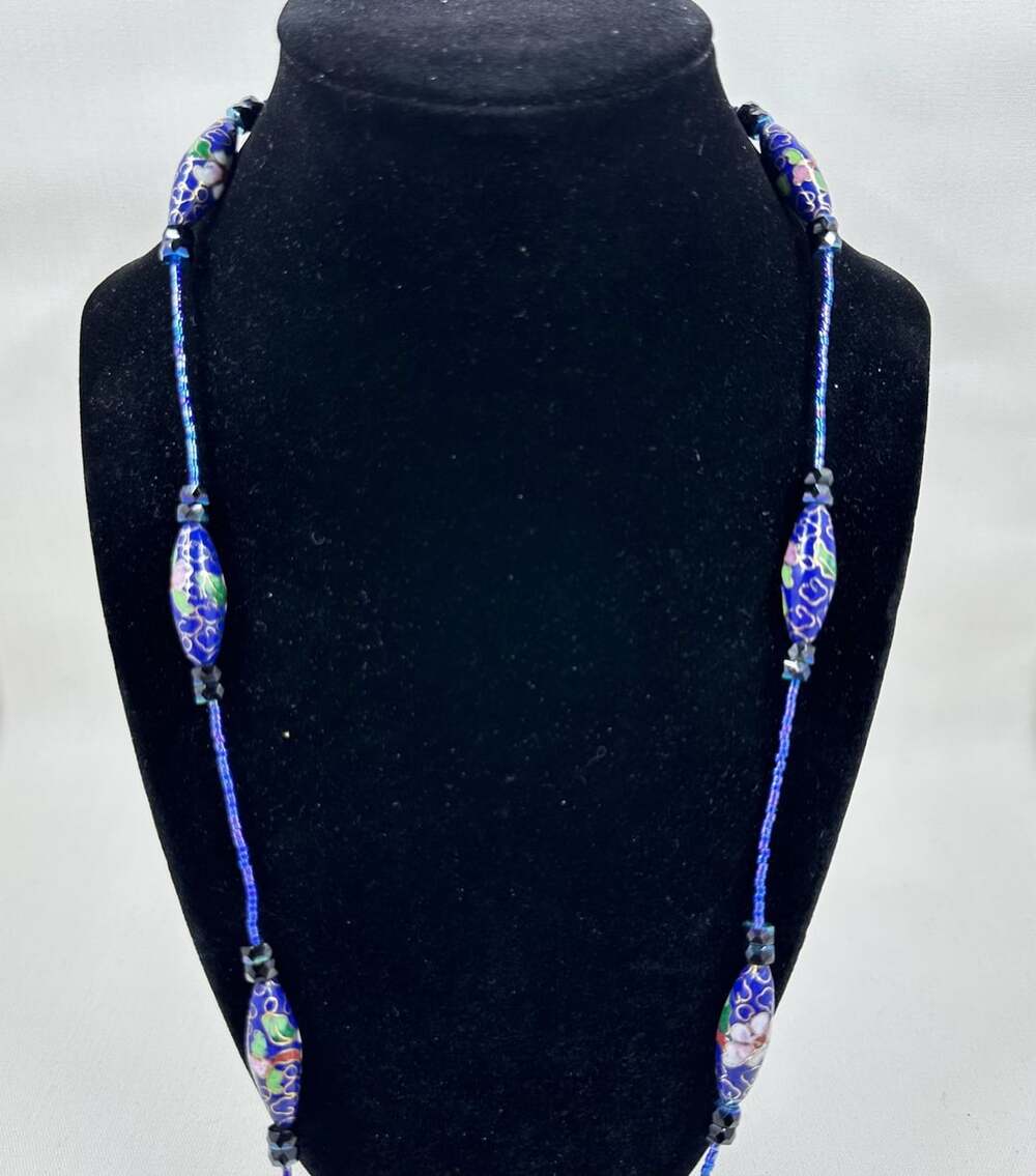 Vintage Blue Cloisonné-Style Floral Bead Necklace, Asian-Inspired Enamel Jewelry